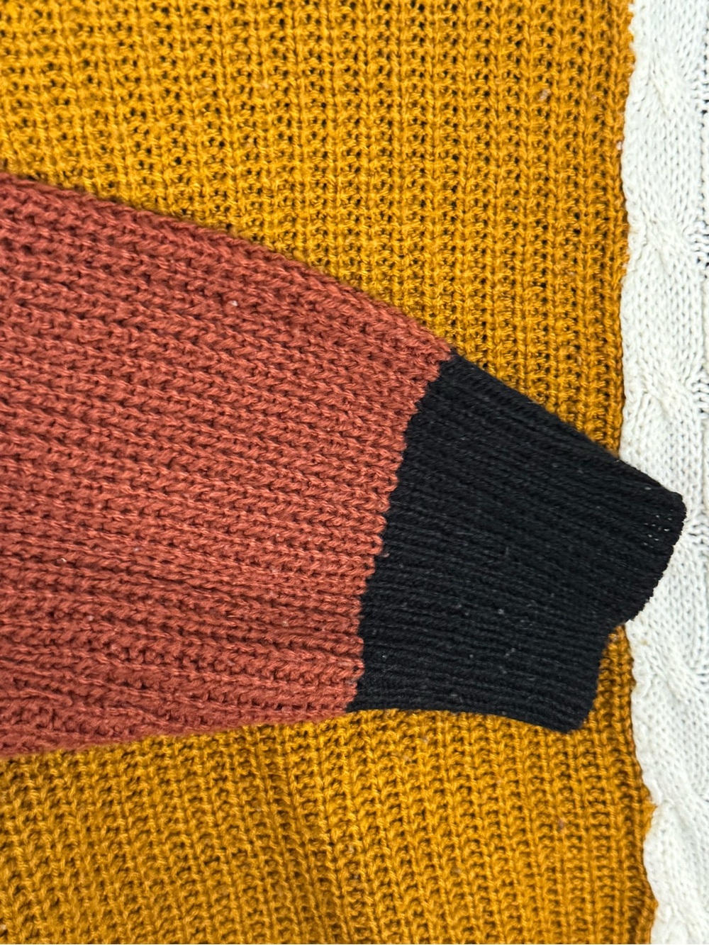 Colorblock Crewneck Sweater with Cable Accent - Mustard, Black, Rust - Picture 5 of 6